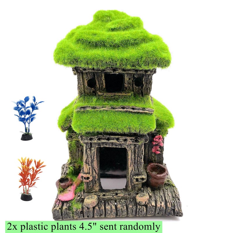 M2cbridge Aquarium Decorations Fish Hideout House Betta Cave with Green Lifelike Moss (Style 3) - Image 2